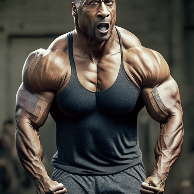 Dwayne Johnson in a tank top, flexing his muscles