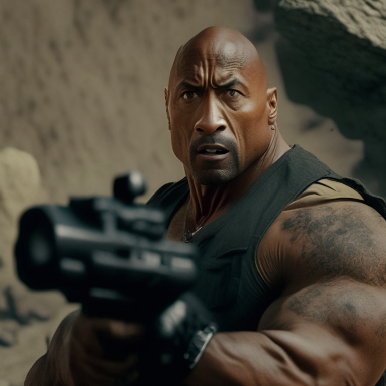 Dwayne Johnson in a movie scene, holding a gun and looking intense