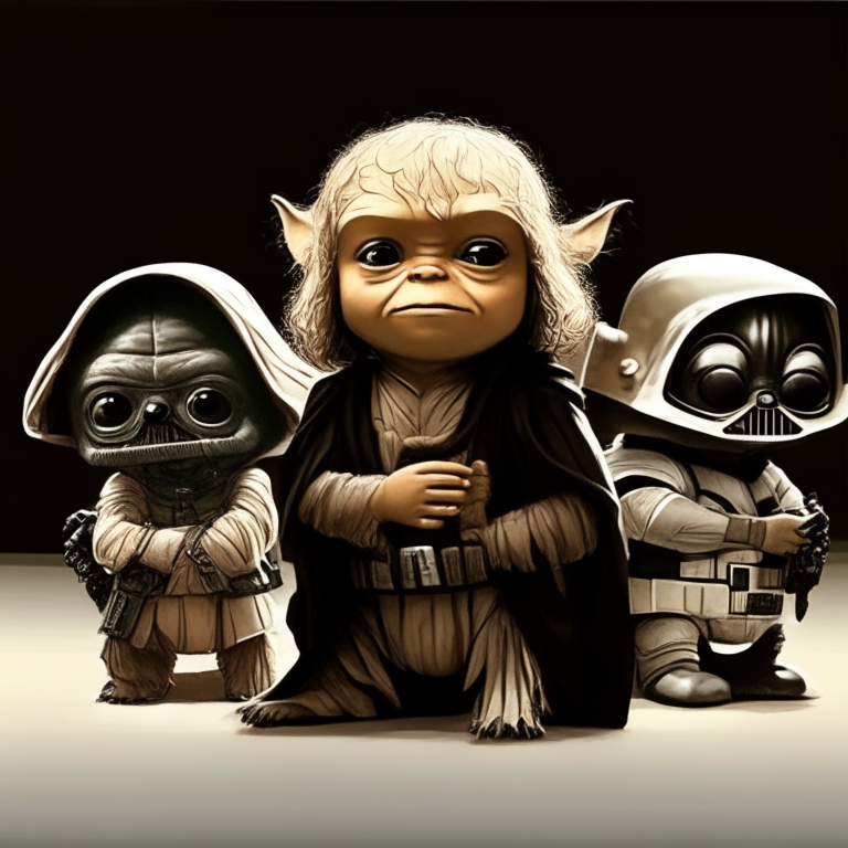 baby yoda, baby chewbacca, baby han solo and baby chibi darth vader at school. Star Wars characters at school sitting at desks