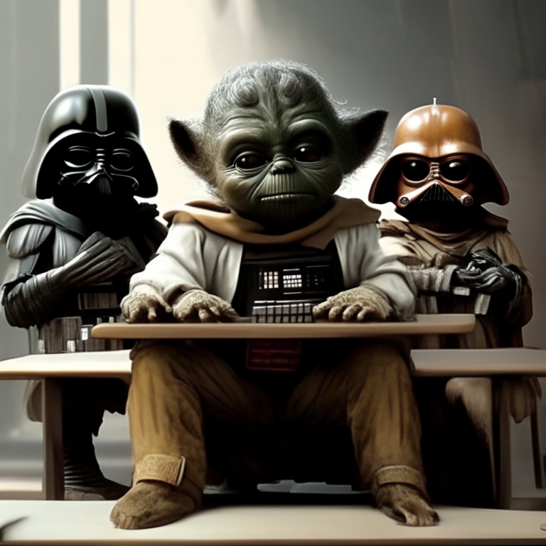 baby yoda, baby chewbacca, baby han solo and baby chibi darth vader sitting at desks in a classroom. Star Wars characters at school learning the ways of the force