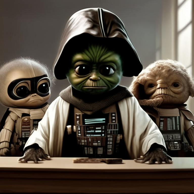 baby yoda, baby chewbacca, baby han solo and baby chibi darth vader sitting at desks in a classroom. Star Wars characters at school learning the ways of the force