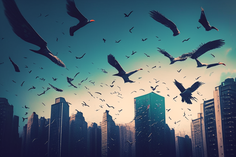 a flock of birds flying in the sky above a city