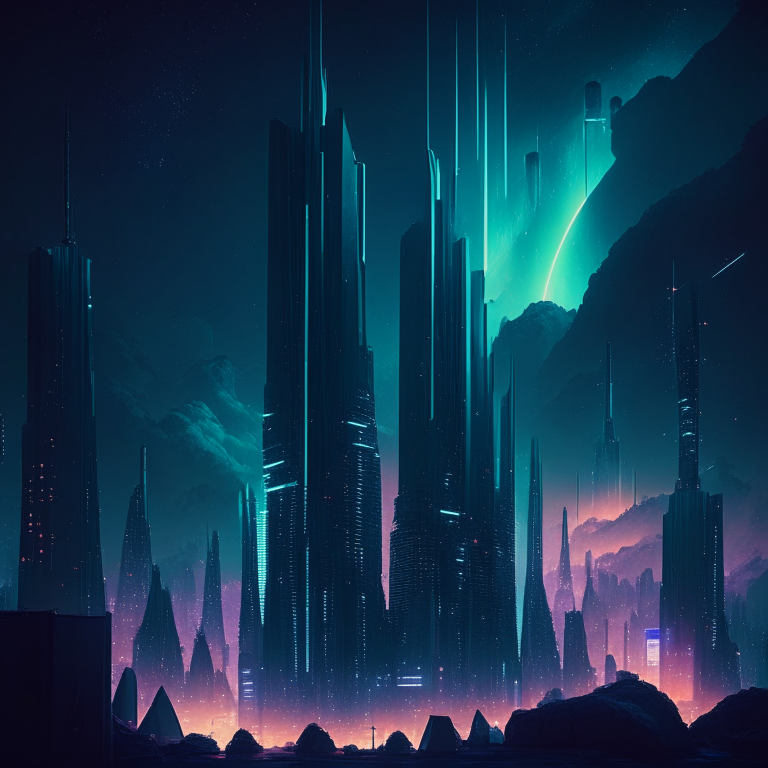 a futuristic city with tall buildings under a midnight sky with northern lights