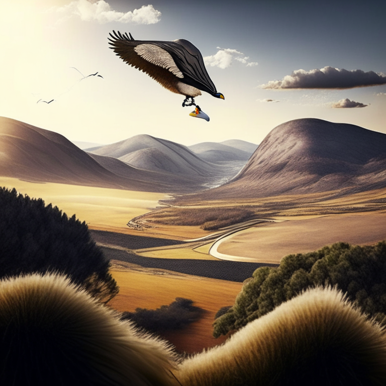 an emu paragliding over a beautiful landscape