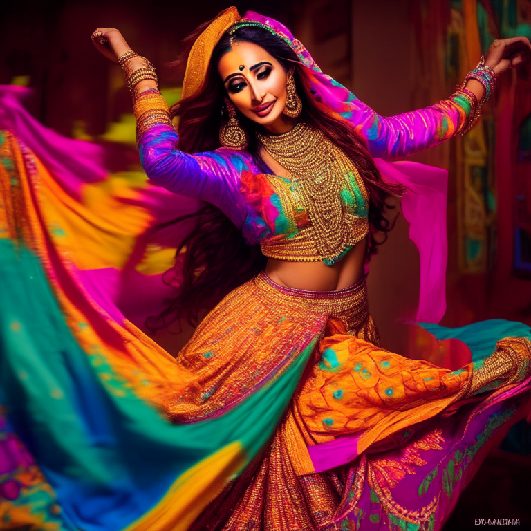 Malika Arora Khan dancing in a Bollywood-style outfit with bright colors and intricate patterns
