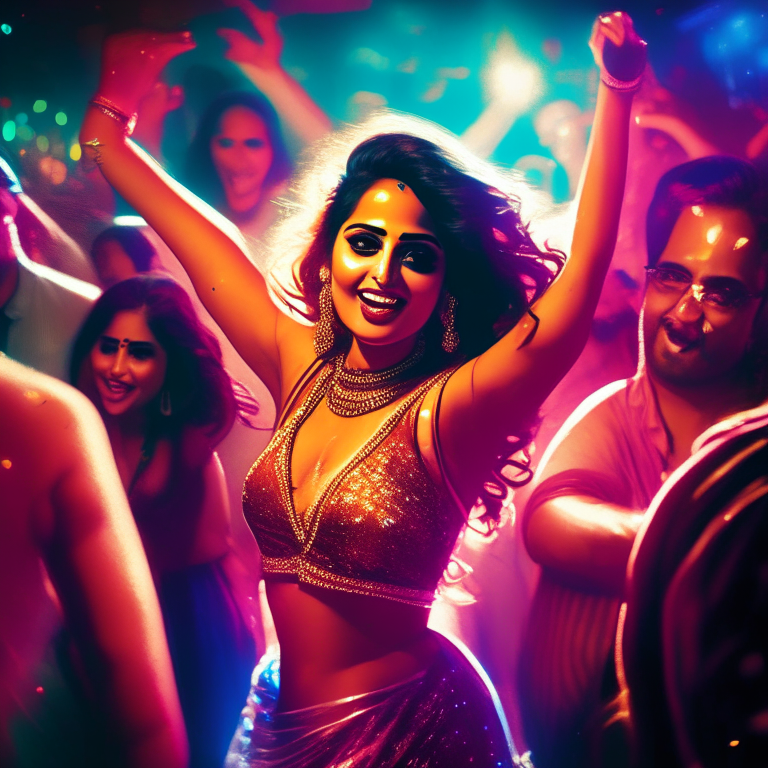 a Bollywood actress dancing in a club with bright lights and people cheering