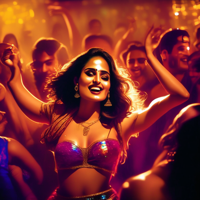 a Bollywood actress dancing in a club with bright lights and people cheering to a Bollywood-style song