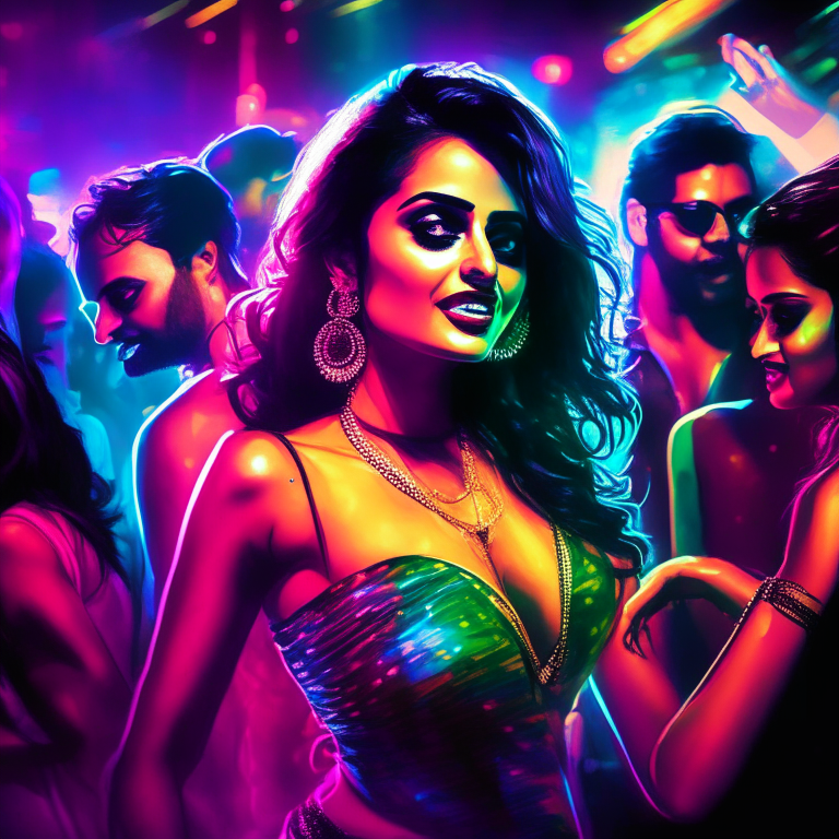a Bollywood actress clubbing with friends in a nightclub with bright lights and loud music