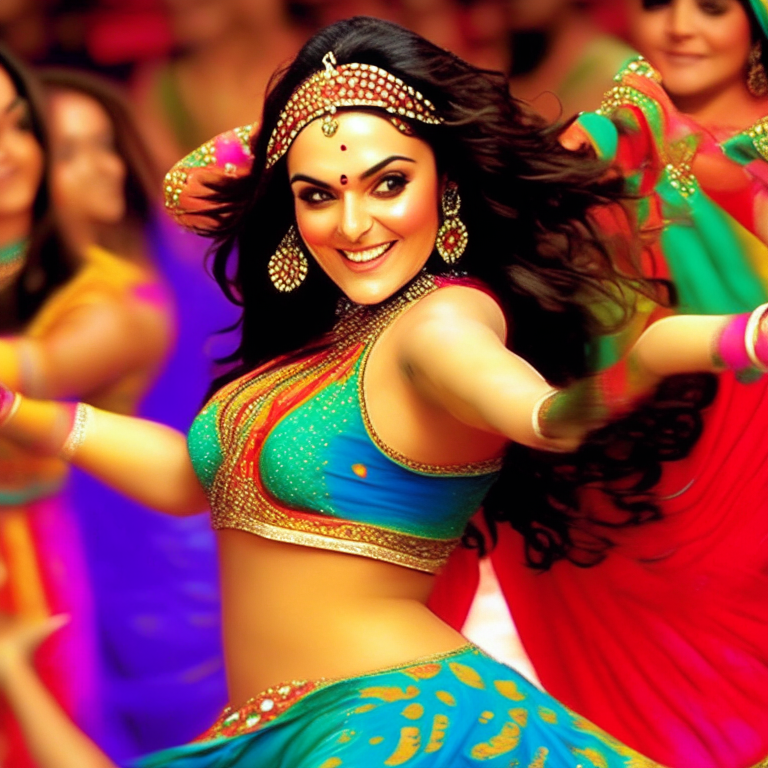 Preity Zinta dancing in a colorful Bollywood dance scene