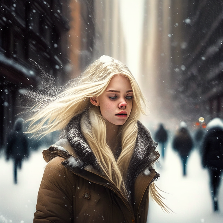 a blonde girl walking in New York with snow