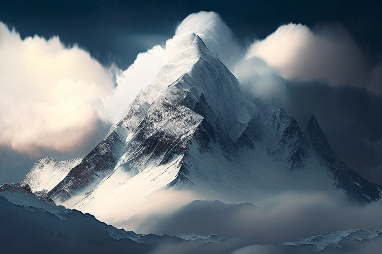 a snowy mountain with clouds