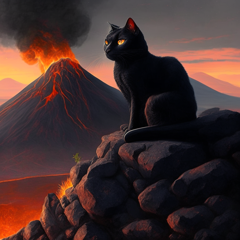 a black cat perched on a rocky outcropping, overlooking a fiery volcano in the distance