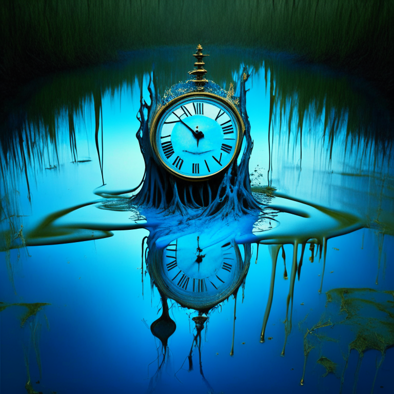 a Dali clock melting in a blue swamp