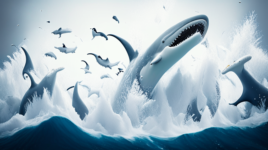 whales and big sharks jumping through the waves with white foam