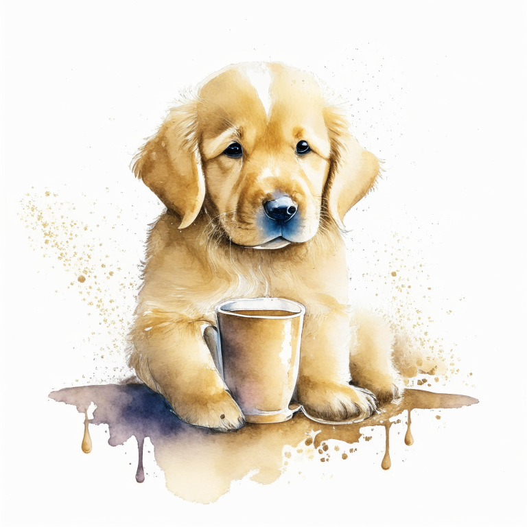 a Golden Retriever puppy drinking a latte with heart-shaped art in a watercolor style