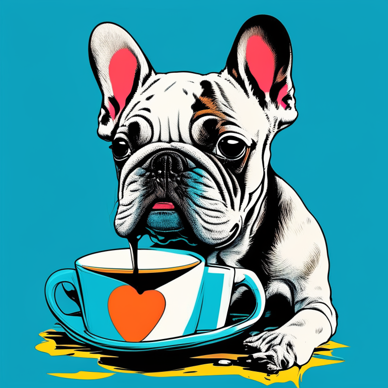 a French Bulldog puppy drinking a latte with heart-shaped art in a pop art style