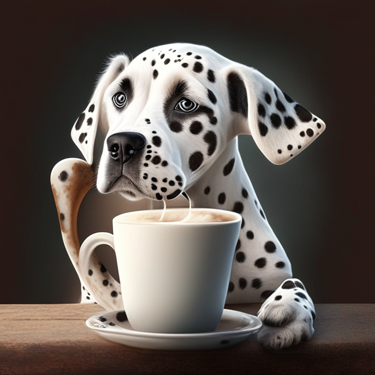 a Dalmatian puppy drinking a latte with heart-shaped art in a realistic style