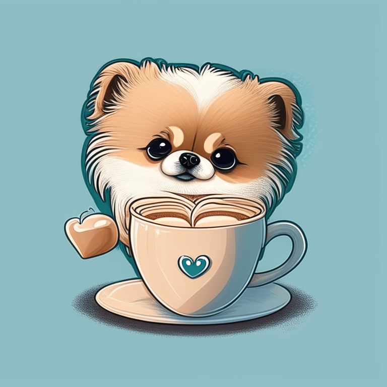 a Pomeranian puppy drinking a latte with heart-shaped art in a cartoon style