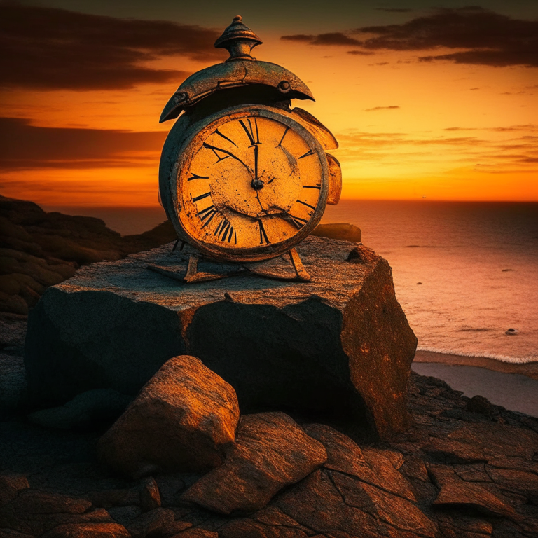 an old clock with steel legs on a rock by the sea with an orange sky