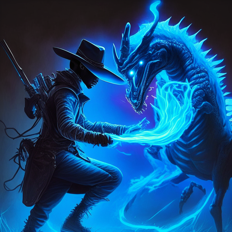 a black cowboy fighting a blue neon dragon