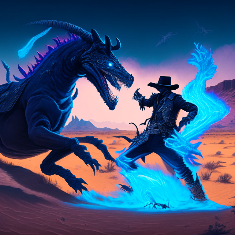 a black cowboy heroically fighting a blue neon dragon in a desert landscape