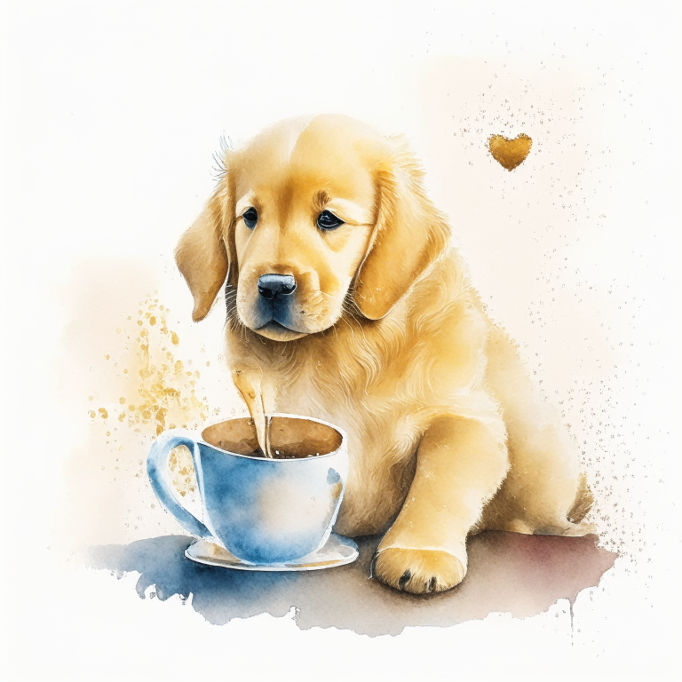 a Golden Retriever puppy drinking a latte with heart-shaped art, painted in watercolor style