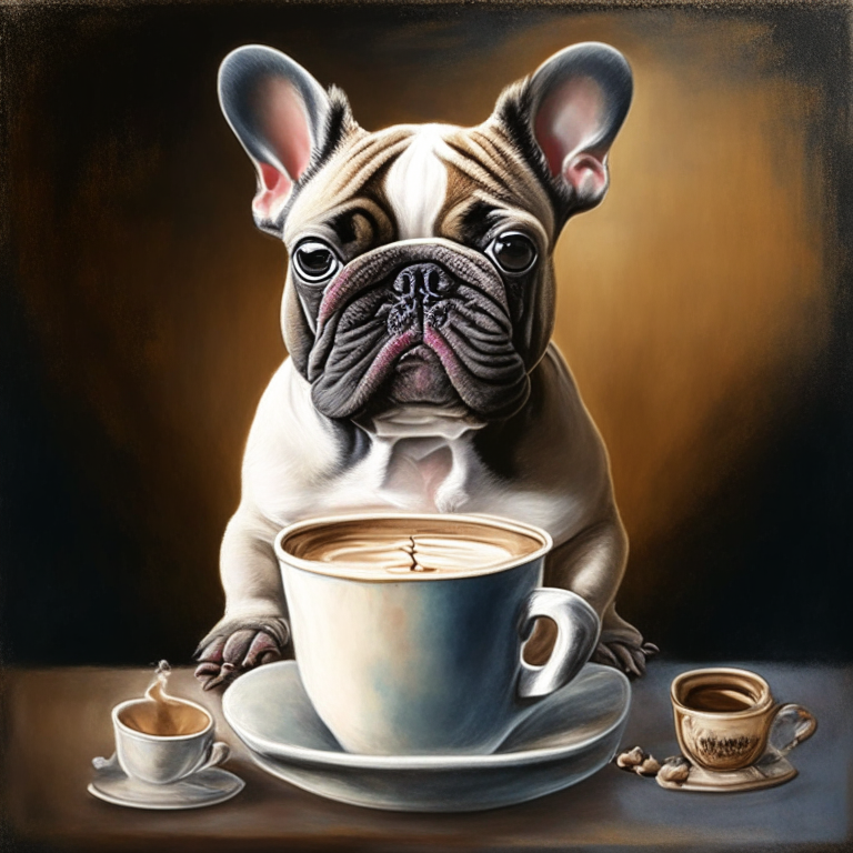 a French Bulldog puppy drinking a latte with heart-shaped art, painted in oil style