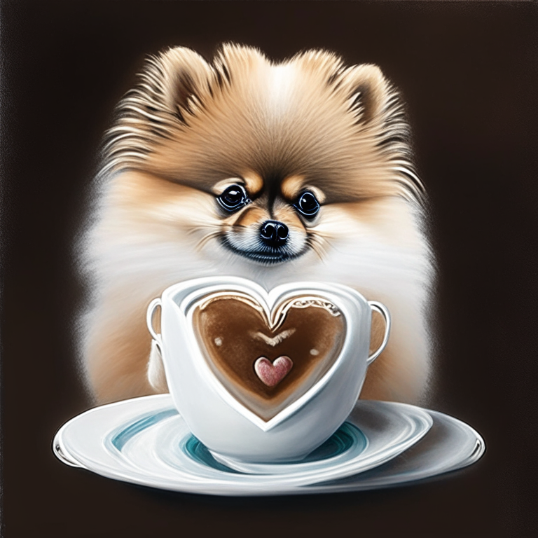 a Pomeranian puppy drinking a latte with heart-shaped art, painted in acrylic style