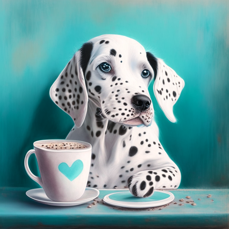 a Dalmatian puppy drinking a latte with heart-shaped art, painted in pastel style