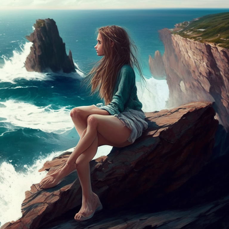 a young woman in a miniskirt sitting on the edge of a cliff with waves breaking on the beach