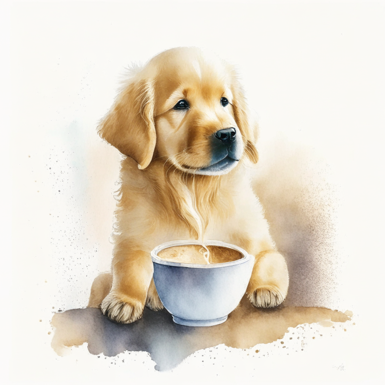 a Golden Retriever puppy drinking a latte with heart-shaped art, painted in watercolor
