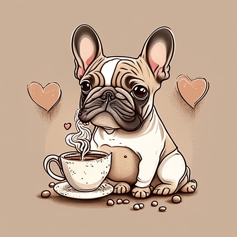 a French Bulldog puppy drinking a latte with heart-shaped art, drawn in a cartoon style