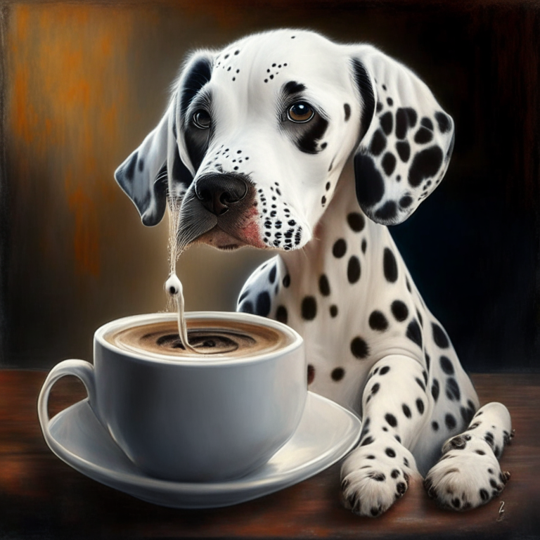 a Dalmatian puppy drinking a latte with heart-shaped art, painted in oil