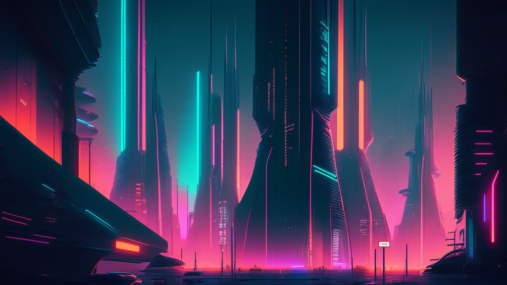 a futuristic city with tall, sleek buildings and neon lights