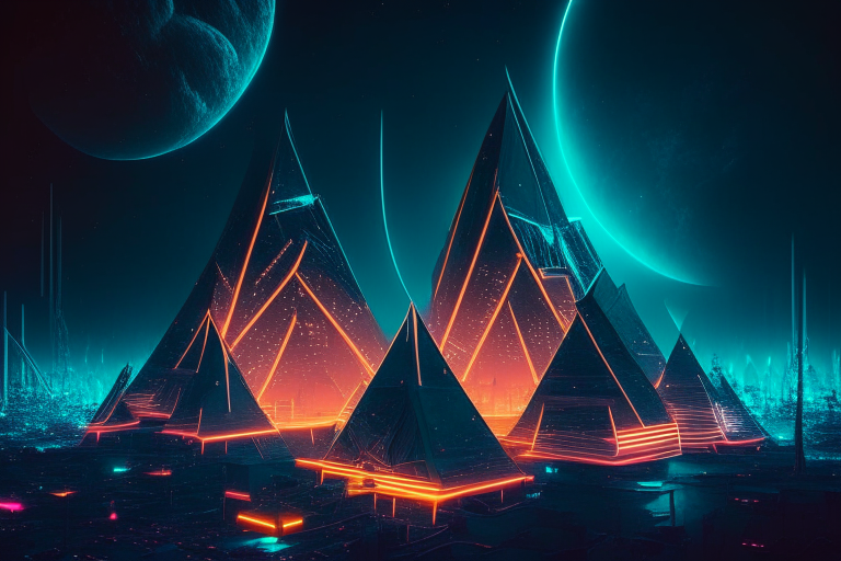 a futuristic city made out of neon pyramids, with a dark sky and a full moon