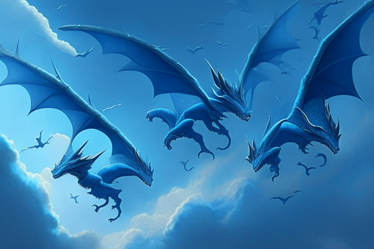 a group of blue flying dragons in the sky