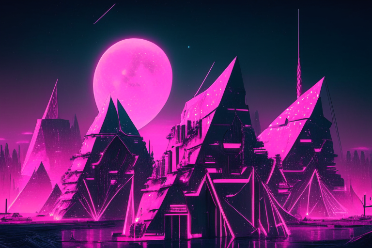 a futuristic city made out of pink neon pyramids, with a dark sky and a full moon