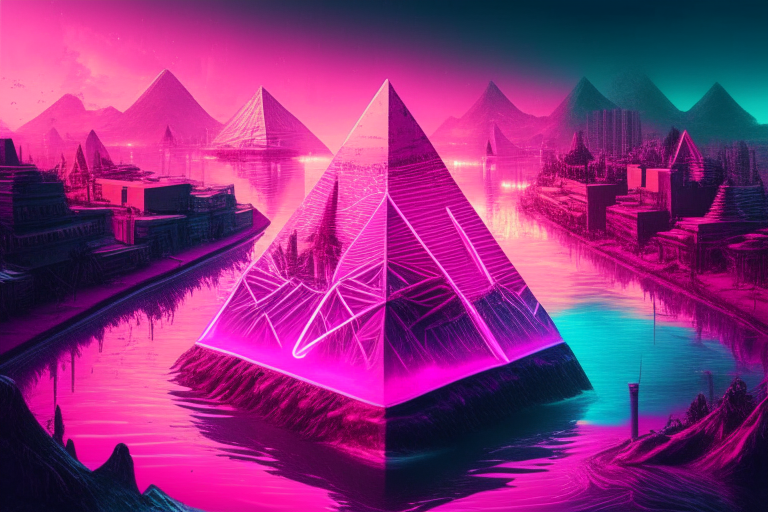 a pink neon pyramid city with a river running through it