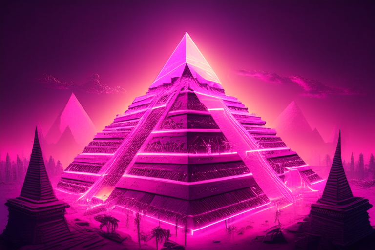 a pink neon pyramid city with a massive pyramid in the center