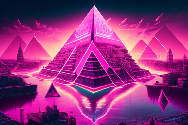 a pink neon pyramid city with a massive pyramid in the center and a river running through it