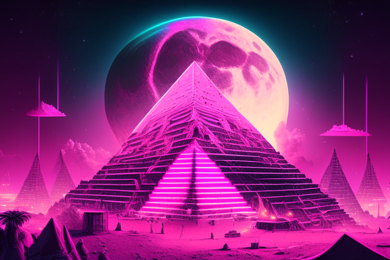 a pink neon pyramid city with a massive pyramid in the center and a full moon in the background