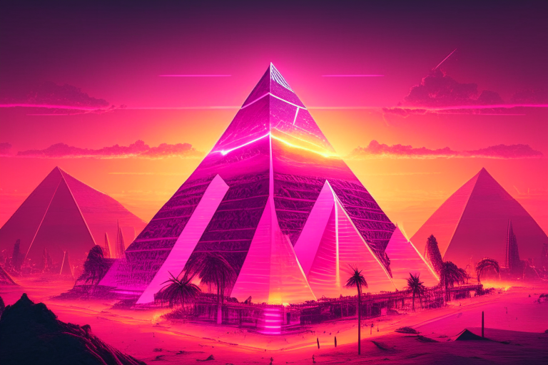 a pink neon pyramid city with a massive pyramid in the center and a sunset in the background