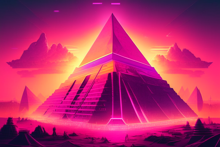 a pink neon pyramid city with a massive pyramid in the center and a sunrise in the background