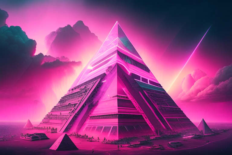 a pink neon pyramid city with a massive pyramid in the center and a cloudy sky