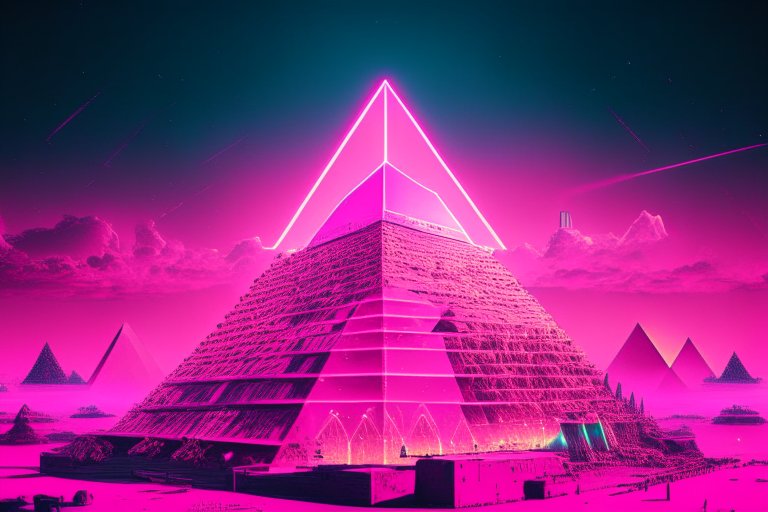 a pink neon pyramid city with a massive pyramid in the center and a clear sky