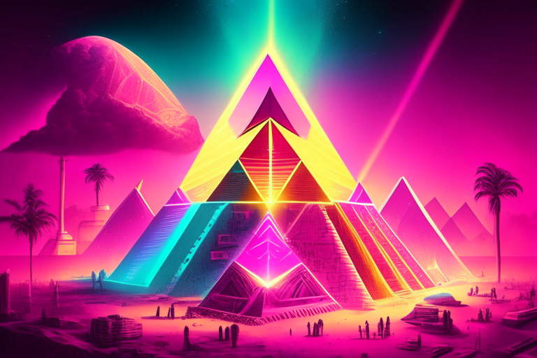 a pink neon pyramid city with a massive pyramid in the center and a rainbow in the background