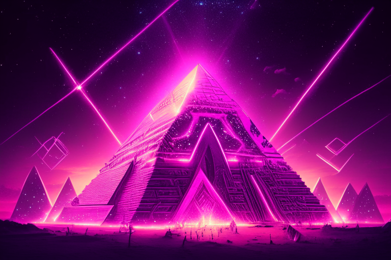 a pink neon pyramid city with a massive pyramid in the center and a starry sky