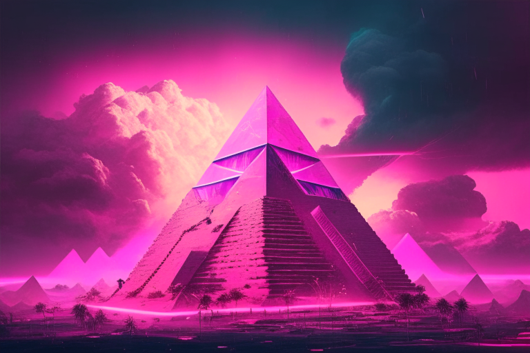 a pink neon pyramid city with a massive pyramid in the center and a cloudy sky