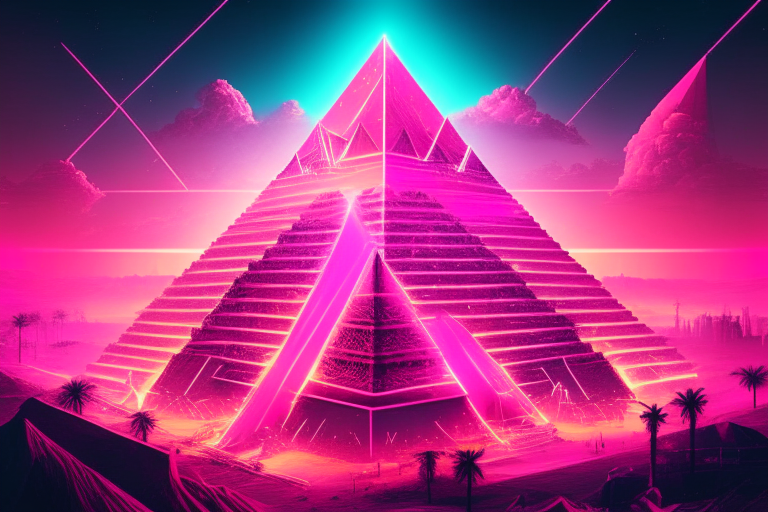 a pink neon pyramid city with a massive pyramid in the center and a clear sky