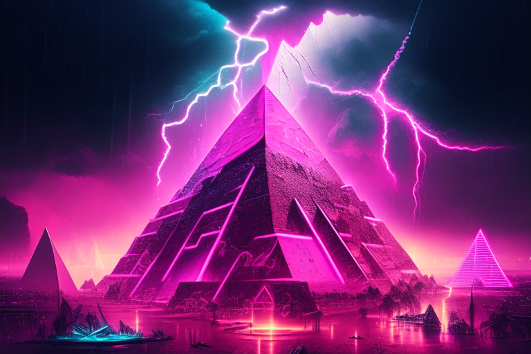 a pink neon pyramid city with a massive pyramid in the center and a thunderstorm in the background